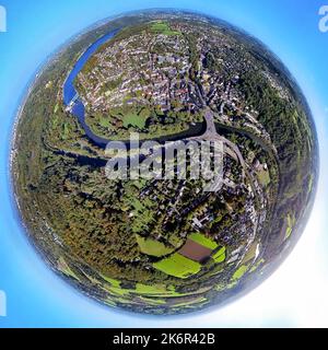 Luftaufnahme, Ruhrgebiet durch Essen werden, Brehminsel und Gustav-Heinemann-Brücke, Baldeneysee-Wehr, Fischaugenaufnahme, Fischaugenaufnahme, 360-Grad-Aufnahme, Stockfoto