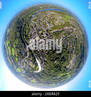 Luftaufnahme, Ruhrgebiet durch Essen werden, Brehminsel und Gustav-Heinemann-Brücke, Baldeneysee-Wehr, Fischaugenaufnahme, Fischaugenaufnahme, 360-Grad-Aufnahme, Stockfoto