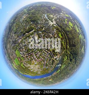 Luftaufnahme, Ruhrgebiet durch Essen werden, Brehminsel und Gustav-Heinemann-Brücke, Baldeneysee-Wehr, Fischaugenaufnahme, Fischaugenaufnahme, 360-Grad-Aufnahme, Stockfoto