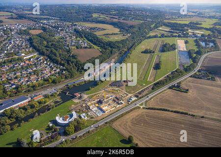 Luftaufnahme, Baustelle und Neubau bei der Wasserwerk Westfalen GmbH und dem Laufkraftwerk Langschede an der Ruhr, Halingen, Mend Stockfoto