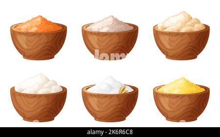 Mehl in Holzschüssel. Set aus glutenfreiem Pulver in Bio-Produkt. Gesunde Bio-Lebensmittel. Vektordarstellung auf weißem Hintergrund isoliert Stock Vektor