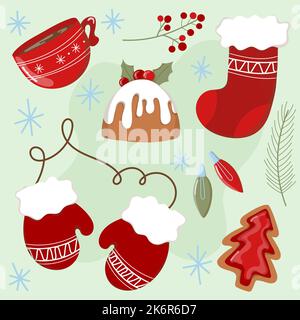 Set aus Weihnachten oder Neujahr Elementen. Niedliche gemütliche handgezeichnete Vektor-Clip-Art. Stock Vektor