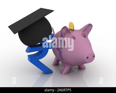 3D Illustration Graduate Cap auf Rupie Währung Zeichen balancieren Sparschwein Münze Bank Stockfoto