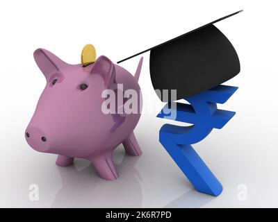 3D Illustration Graduate Cap auf Rupie Währung Zeichen balancieren Sparschwein Münze Bank Stockfoto