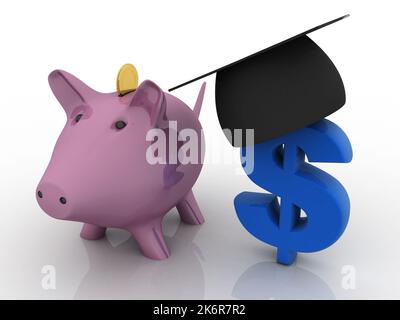 3D Rendering Graduate Cap usd Dollar Symbol balancing Piggy Münze Bank Stockfoto