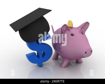 3D Rendering Graduate Cap usd Dollar Symbol balancing Piggy Münze Bank Stockfoto