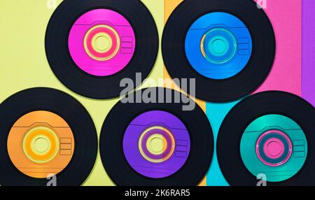 Farbenfrohe Vinyl-CDs im flachen Lay-Format, die auf einem mehrfarbigen Hintergrund dargestellt werden, zeichnen im Retro-Stil ein konzeptuelles Bild auf. Stockfoto