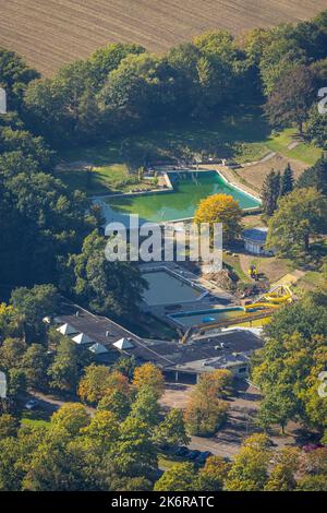 Luftbild, Freibad schöne Flöte, Baustelle, Holzwickede, Ruhrgebiet, Nordrhein-Westfalen, Deutschland, Badehaus, Badeort, konstruiert Stockfoto