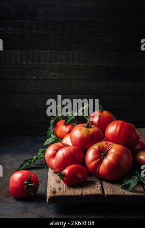 Frisch gepflückte reife rote Bio-Tomaten auf dunklem Grund. Stockfoto