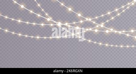 Weihnachtslichter auf transparentem Hintergrund isoliert. Set aus goldenen, weihnachtlich leuchtenden Girlanden. Vektorgrafik. Stock Vektor