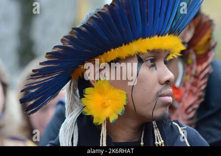 Une marche pour l'amazonie avec 6 représentants indigènes d'Amazonie et de la forêt Atlantique contre la déforestation et l'orpaillage illégal Stockfoto