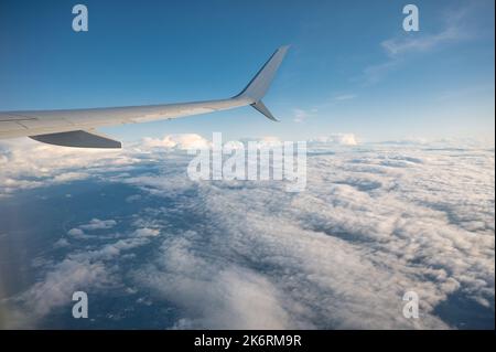 Flügel eines Flugzeugs, das während der Sommerferien über weiße Wolken am Himmel fliegt Stockfoto