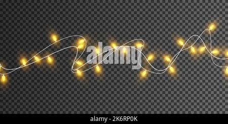 Weihnachtslichter auf transparentem Hintergrund isoliert. Set aus goldenen, weihnachtlich leuchtenden Girlanden. Vektorgrafik. Stock Vektor
