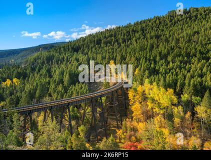 Im Herbst fahren Sie unterhalb des mullan-Passes auf der Kontinentalscheide in der Nähe von Austin, montana, mit dem Zug Stockfoto