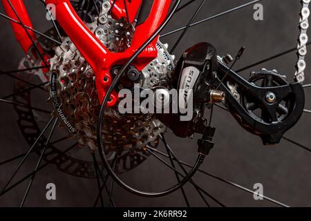 Chicago, IL, USA - 7. Oktober 2022: Shimano CS-HG41-8aw Mountainbike-Kassette und Altus Schaltwerk auf einem Fahrrad montiert. Stockfoto