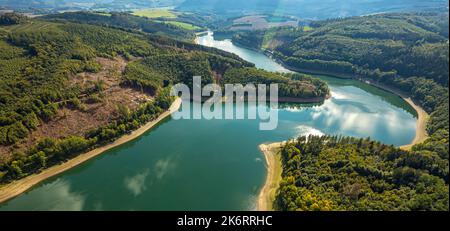 Luftaufnahme, Hennesee, Niederwasser, Berghausen, Meschede, Sauerland, Nordrhein-Westfalen, Deutschland, DE, Europa, Henna-Damm, Luftfotografie, Reservo Stockfoto