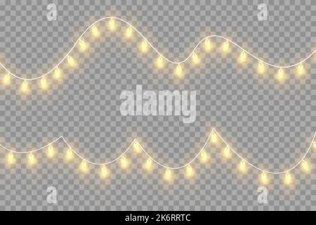 Weihnachtslichter auf transparentem Hintergrund isoliert. Set aus goldenen, weihnachtlich leuchtenden Girlanden. Vektorgrafik. Stock Vektor