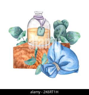 Komposition mit einer Glasflasche und Tüten mit duftenden Kräutern in Aquarell auf weißem Hintergrund isoliert gemalt. Von einer großen Reihe von aromatischen Spa. Für Stockfoto