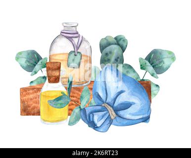 Komposition mit einer Glasflasche und Tüten mit duftenden Kräutern in Aquarell auf weißem Hintergrund isoliert gemalt. Von einer großen Reihe von aromatischen Spa. Für Stockfoto