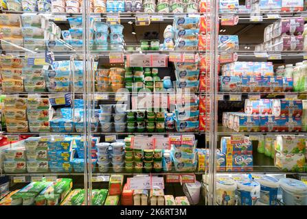 Fossano, Italien - 14. Oktober 2022: Kühlschrank Regal mit Paketen von Joghurt verschiedener Marken zum Verkauf im italienischen Supermarkt Stockfoto