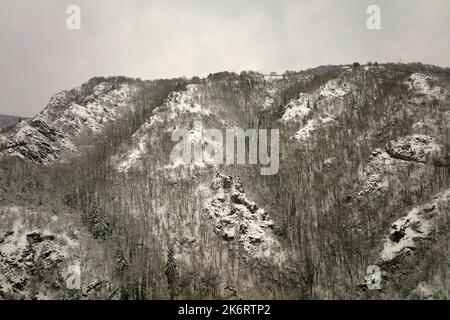 Luftige neblige Landschaft mit Bergklippen bedeckt mit frischem Schnee während heftigem Schneefall im Winter Bergwald an kalten, ruhigen Tag. Stockfoto