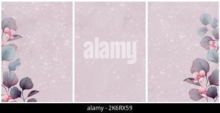 Hintergrund mit rosa Blüten und botanischen Blättern. Einladungskarte. Hochzeitsvorlagen mit Blumenmuster in Pastellfarben und Aquarellfarben. Stockfoto