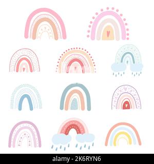 Set von handgezeichneten Regenbögen mit Herzen, Wolken, Regentropfen. Vektor-Illustration von bunten Pastell Regenbogen kindish skandinavischen Stil für Stoffdruck Stock Vektor