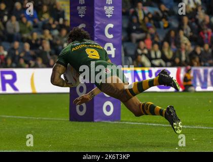 Australien gegen Fidschi: Rugby League World Cup Headingley, Leeds, West Yorkshire Josh Addo-Carr aus Australien punktet beim Rugby League World Cup 2021 Gruppe B Spiel zwischen Australien und Fidschi am 15. Oktober 2022 im Headingley Stadium, Leeds . (Foto von Craig Cresswell/Alamy Live News) Stockfoto