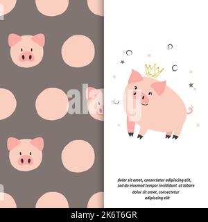 Cute Cartoon Schwein Vektor Illustration für Kinder. Punktmuster mit Schweinen. Stock Vektor