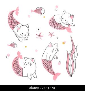 Marine Set von niedlichen Katzen Meerjungfrauen. Sea Vector Kollektion für Kinder Stock Vektor