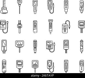 Symbole des pH-Messgeräts legen den Umrissvektor fest. Chemische Säure. Biologiemessgerät Stock Vektor