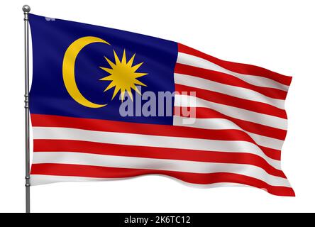 Winkende malaysische Flagge auf weißem Hintergrund isoliert Stockfoto