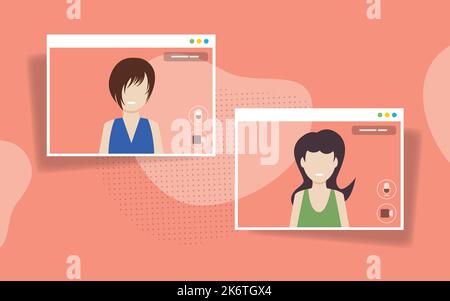 Personen, die sich per Videokonferenz treffen und von zu Hause aus arbeiten. Geschäftsdiskussion, Web-Chat, Online-Treffen mit Freunden in Videoanrufen. Eine Gruppe von Leuten spricht Stock Vektor