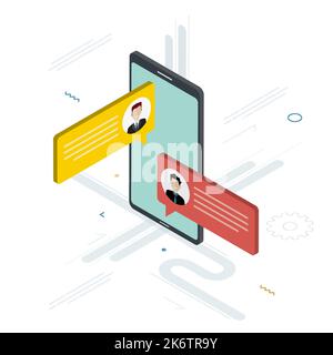 Personen im Chat auf dem Mobiltelefon oder Smartphone in der Nachrichten-App, Dialog mit Sprechblasen. Handy-Online-Messaging-Konzept, Social Media. Symbolsatz Stock Vektor