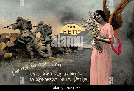 1915 Ca , ITALIEN : Eine Postkarte italienischen Militär ALPINI Soldaten im Krieg während des Ersten Weltkriegs mit dem Engel des Glaubens . Kunstwerk von unbekannt . - ALPINO - ALPINE - ALPINI - CARTOLINA POSTALE - PRIMA GUERRA MONDIALE - erster Weltkrieg - erster Weltkrieg - erster Weltkrieg - miliari soldati italiani - GESCHICHTE - FOTO STORICHE - PROPAGANDA - ILLUSTRATION - Brief - lettera --- Archivio GBB Stockfoto