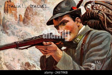 1915 Ca , ITALIEN : Eine Postkarte italienischen Militär ALPINO Soldat im Krieg während des Ersten Weltkrieges . Kunstwerk von unbekannt . - ALPINO - ALPINE - ALPINI - CARTOLINA POSTALE - PRIMA GUERRA MONDIALE - erster Weltkrieg - großer Krieg - erster Weltkrieg - miliari soldati italiani - GESCHICHTE - FOTO STORICHE - PROPAGANDA - ILLUSTRATION --- Archivio GBB Stockfoto