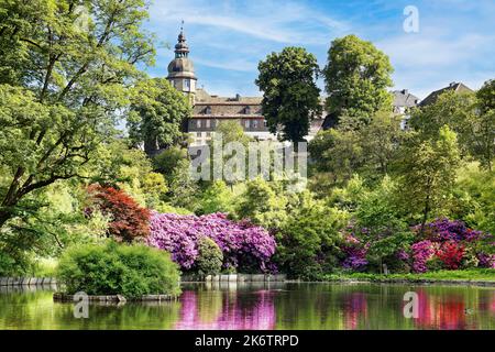 Teich im Schlosspark, geschaffen in der Rhododendronblüte des 18.. Jahrhunderts, im hinteren Schloss Berleburg, Stammsitz der Stockfoto
