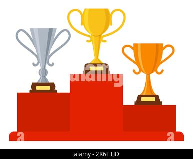 Becher flach. Gold Silber Bronze Trophäe Pokal auf dem Podium. 1. 2. 3. Platz anders Form Gewinner Preis. Champions-Preis-Trophäen-Ranglisten. Sieg führt Pokale. Symbol der besten Wahl Stock Vektor