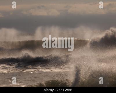 Der Sturm warf Wellen, die gegen die Küste von New Jersey stürzten, wobei der Wind ihre Oberteile abwehte. Bei Hintergrundbeleuchtung erscheinen die Wellen transparent. Stockfoto