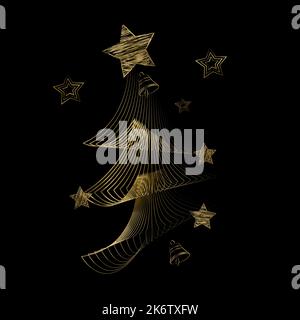 3D Abbildung goldener weihnachtsbaum auf schwarzem Hintergrund Stockfoto