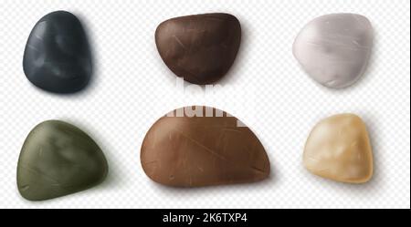 Kleine Sammlung von Flusskieseln und Steinen. Glatte Strandfelsen, Meer- und Meeresküsten-Felsbrocken verschiedener Farbe, Textur und Form isoliert auf weißem Rücken Stock Vektor