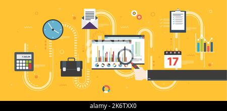 Finanzielle Strategie, Bericht mit Daten, Tabellen des Wachstums auf der Webseite im Internet Browser. Finanzen, Wirtschaft und Investitionen Symbole, Diagramm Stock Vektor