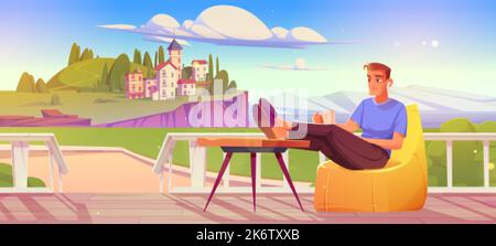 Mann Ruhe auf Holzhaus Terrasse mit Blick auf die mediterrane Insel mit Häusern und Bäumen. Sommerlandschaft mit Person mit Tasse sitzt in Bohnenbeutel ch Stock Vektor