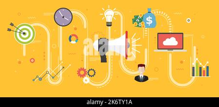 Management und Strategie Ankündigung und das Wachstum der Unternehmen. Ankündigung oder Bekanntmachung, Förderung und Wachstum ein Produkt, Service oder Event- und Symbole. Stock Vektor