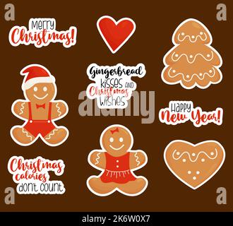Sammlung Weihnachten Lebkuchen Aufkleber. Niedliche Lebkuchen Mann und Mädchen, Baum, Herz und Gratulation Schriftzug und coole Inschrift. Isoliert Stock Vektor