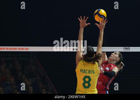 Apeldoorn, Niederlande. 15. Oktober 2022. Bianka Busa (R) aus Serbien spitz während des Finalspiels zwischen Brasilien und Serbien bei der Volleyball-Weltmeisterschaft der Frauen 2022 in Apeldoorn, Niederlande, am 15. Oktober 2022. Quelle: Meng Dingbo/Xinhua/Alamy Live News Stockfoto