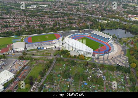 Eine allgemeine Luftaufnahme der Strecke im Alexander Stadium, Montag, 3. Oktober 2022, in Birmingham, Vereinigtes Königreich. Stockfoto