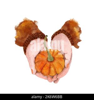 Handgezeichnete Aquarell-Illustration einer Frau, die einen orangen Kürbis hält. Halloween Danksagedekor Einladungskarte Poster, Herbst Herbst Bio Ernte Lebensmittel Gemüse, braun Pullover Mädchen Stockfoto