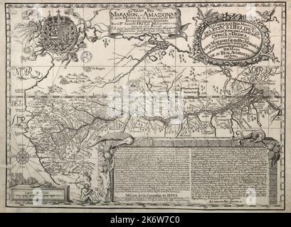Alte spanische Sprachkarte des Rio Marañon oder Amazonas in Südamerika, darunter die Mission der Gesellschaft Jesu von Samuel Fritz (1654-1728), einem Jesuitenmissionar, der das Amazonas-Becken kartierte. Erstveröffentlichung 1707. Stockfoto