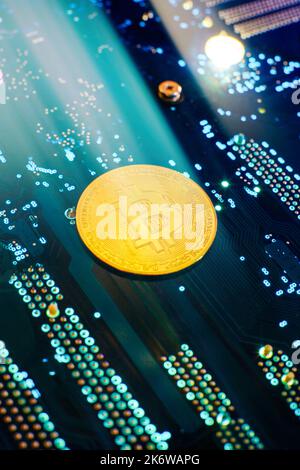 Kryptowährungskonzept , Goldener Bitcoin auf dem Mainboard , die Zukunft des Geldes. Computerausrüstung. Stockfoto